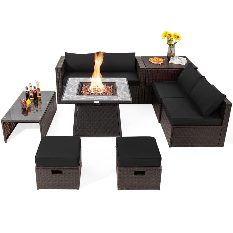 Costway | 9 Pieces Patio PE Wicker Sectional Set with 50000 BTU Fire Pit Table