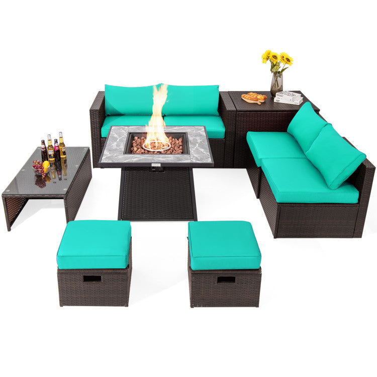 Costway | 9 Pieces Patio PE Wicker Sectional Set with 50000 BTU Fire Pit Table