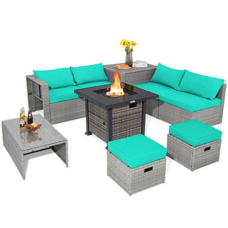 Costway | 9 Pieces Outdoor Patio Furniture Set with 32-Inch Propane Fire Pit Table