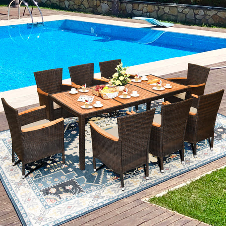 Costway | 9 Pieces Rattan Dining Set with Acacia Wood Table and Stackable Cushioned Chairs