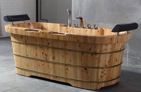 ALFI | AB1130 65" 2 Person Free Standing Cedar Wooden Bathtub with Fixtures & Headrests