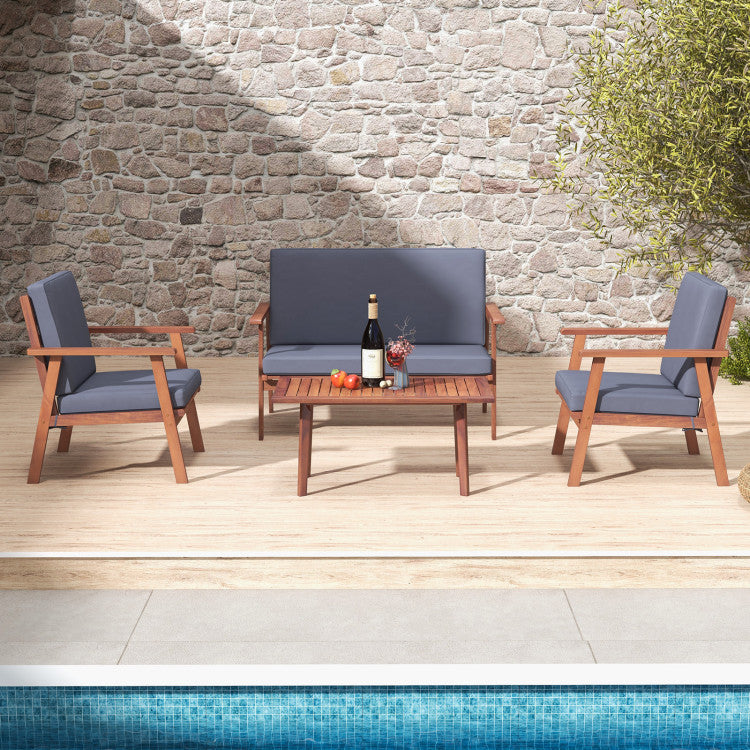 Costway | 4 Piece Outdoor Acacia Wood Conversation Set with Soft Seat and Back Cushions