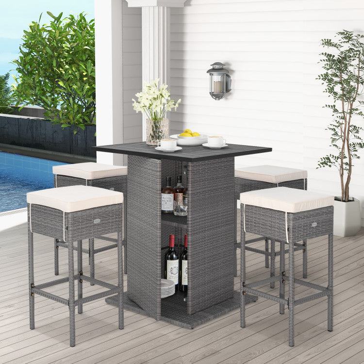Costway | 5 Pieces Outdoor Wicker Bar Table Set with Hidden Storage Shelves-White