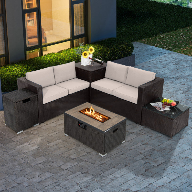 Costway | 6 Pieces Outdoor Wicker Furniture Set with 32 Inch Propane Fire Pit Table