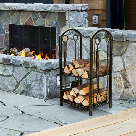 Costway | Fireplace Log Rack with 4 Pieces Fireplace Tools