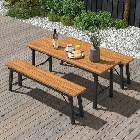 Costway | Folding Picnic Table Acacia Wood Dining Table with Metal Frame for Indoor Outdoor Activities