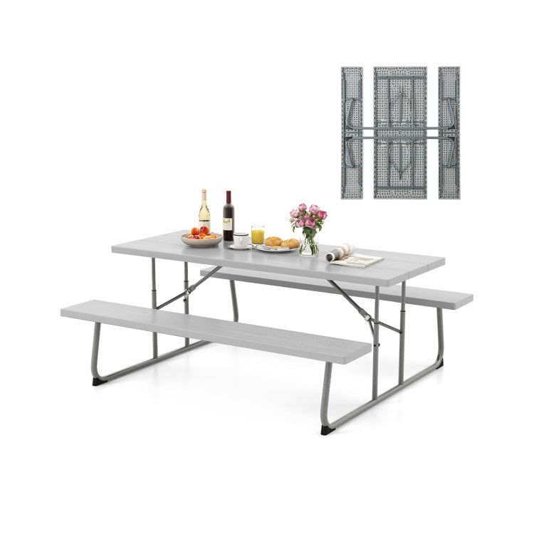 Costway | Folding Picnic Table Set with Metal Frame and All-Weather HDPE Tabletop, Umbrella Hole