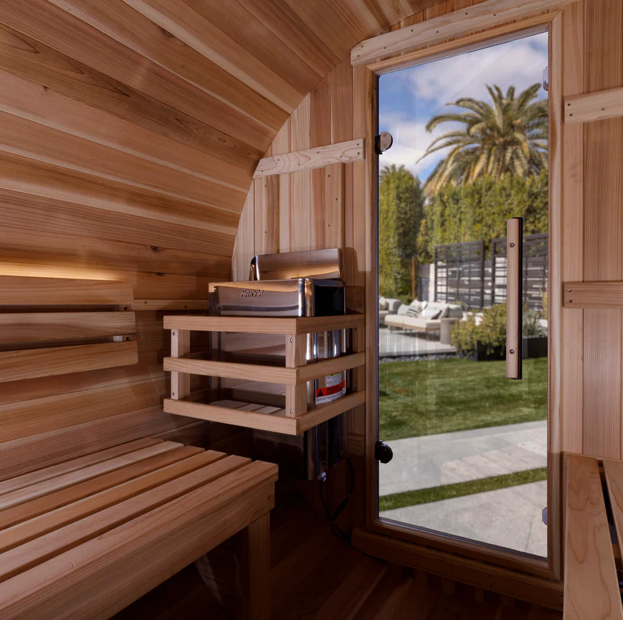 Golden Designs | "Zurich" 4 Person Barrel with Bronze Privacy View - Traditional Steam Sauna -  Pacific Cedar