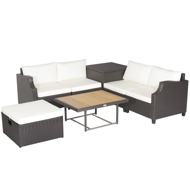 Costway | 7 Pieces Hand-Woven Wicker Outdoor Furniture Set with Acacia Wood Coffee Table