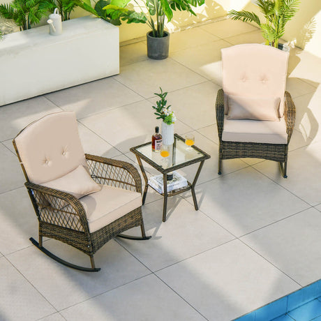 Costway | 3 Pieces Outdoor Hand-Woven PE Rattan Conversation Set with Tempered Glass Side Table