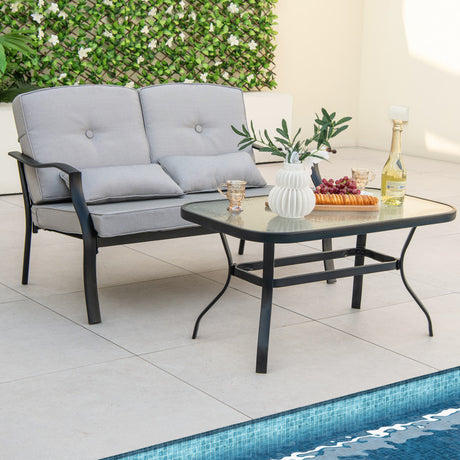 Costway | Outdoor Loveseat Chair Set with Tempered Glass Coffee Table