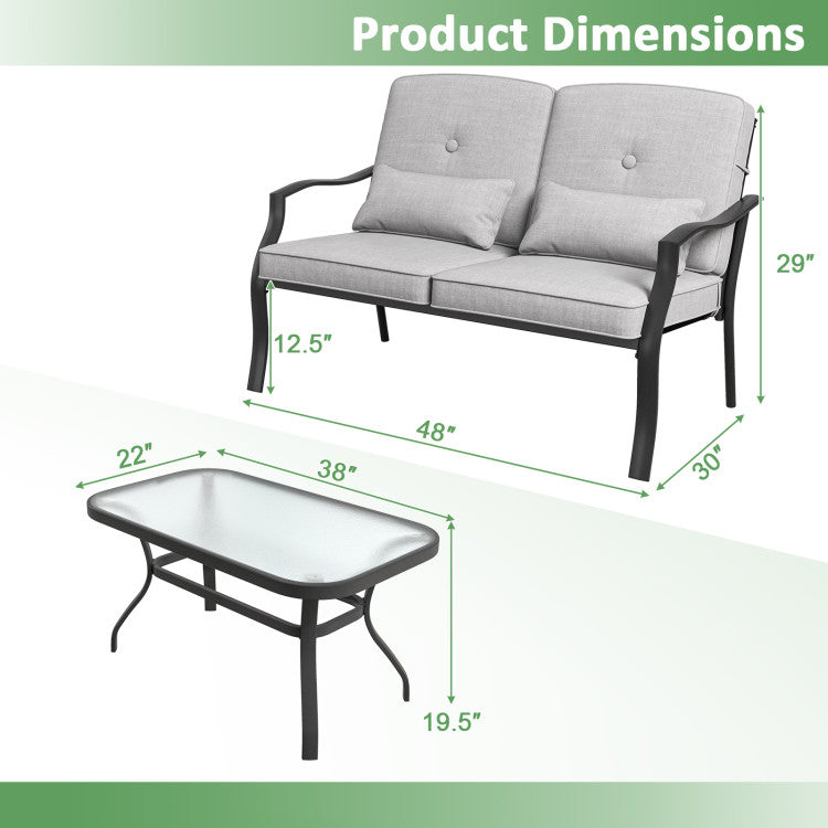 Costway | Outdoor Loveseat Chair Set with Tempered Glass Coffee Table