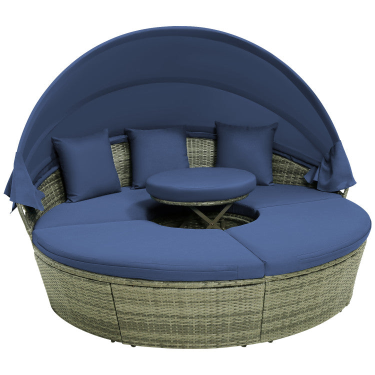 Costway | Outdoor PE Wicker Round Daybed with Retractable Canopy and Cushions