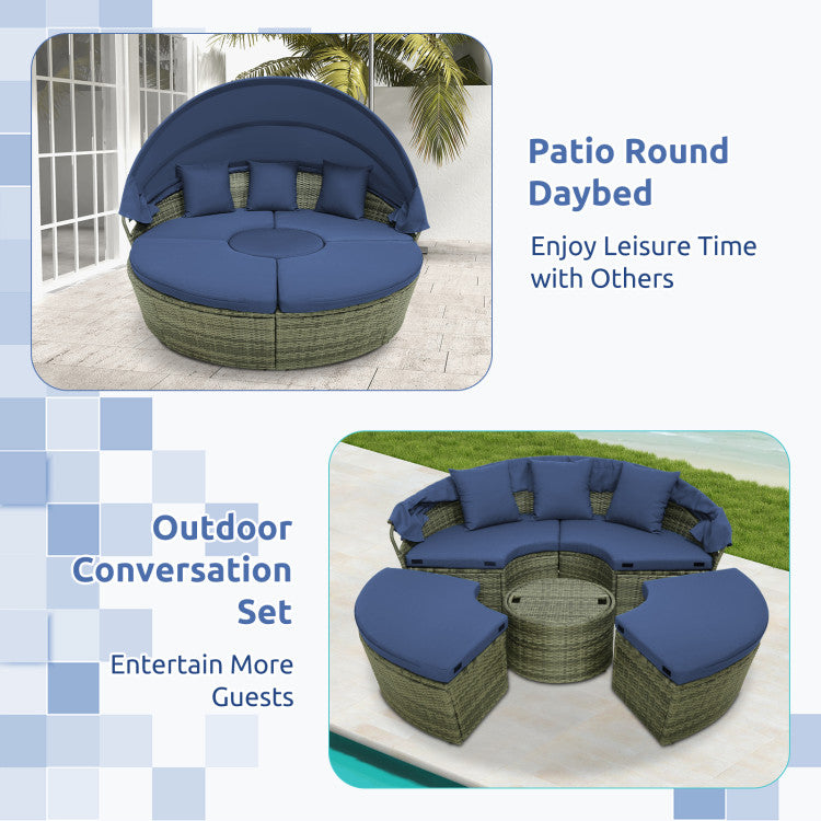 Costway | Outdoor PE Wicker Round Daybed with Retractable Canopy and Cushions