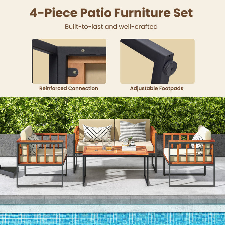 Costway | 4 Pieces Acacia Wood Outdoor Sofa Set for Balcony, Porch, Backyard, Poolside