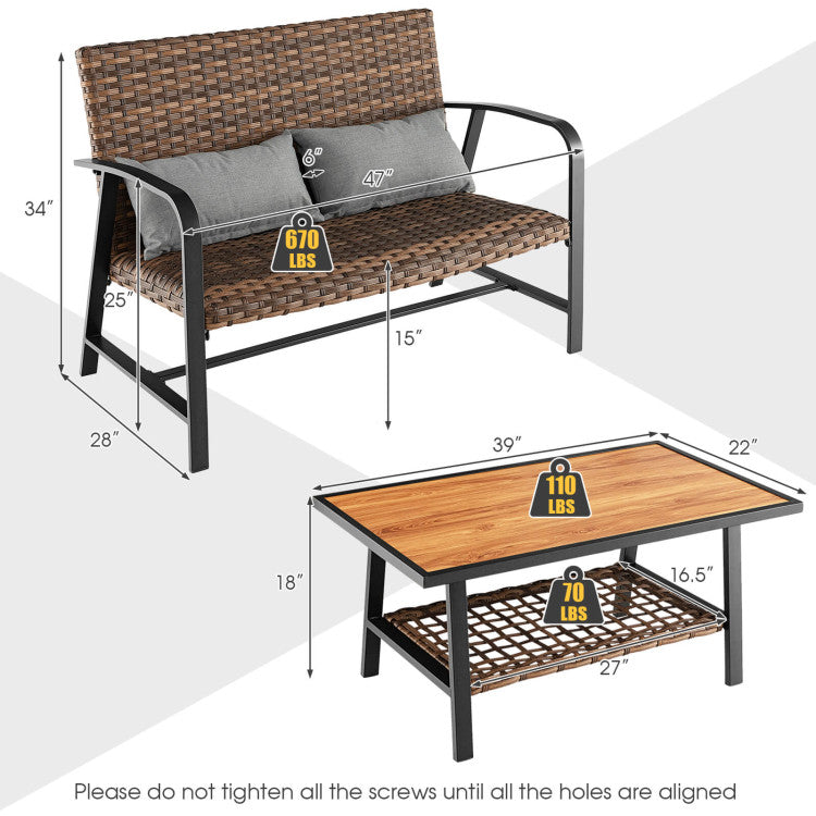 Costway | 2 Pieces Patio Rattan Coffee Table Set with Shelf and Quick Dry Cushion