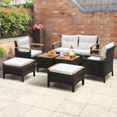 Costway | 7 Piece Rattan Patio Sofa Set with Acacia Wood Tabletop and Armrests