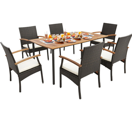 Costway | 7 Pieces Patio Wicker Cushioned Dining Set with Umbrella Hole