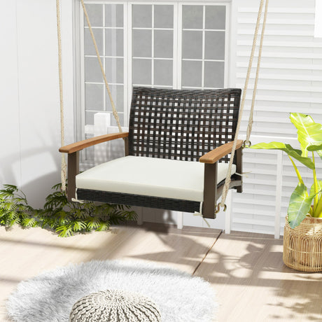 Costway | Single Rattan Porch Swing with Armrests Cushion and Hanging Ropes