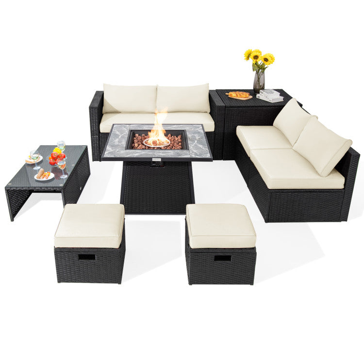 Costway | 9 Pieces Outdoor Wicker Sectional with 35 Inch Gas Fire Pit Table
