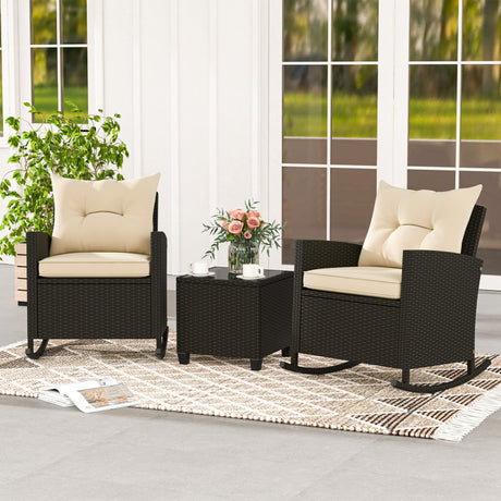 Costway | Patio Rattan Roker Chairs with Tempered Glass Table and Soft Cushions for Backyard, Poolside Porch