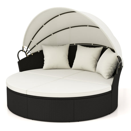 Costway | Clamshell Patio Round Daybed Wicker with Retractable Canopy and Pillows