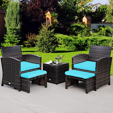 Costway | 5 Pieces Patio Rattan Furniture Set with Ottoman and Tempered Glass Coffee Table