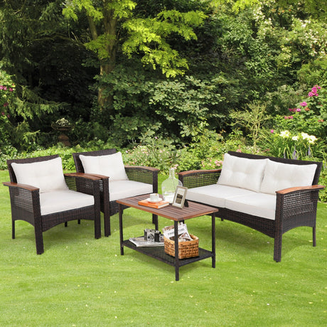 Costway | 4 Pieces Patio Rattan Acacia Wood Furniture Set with Cushions and Armrest