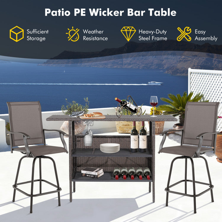 Costway | Outdoor Wicker Bar Table with 2 Metal Mesh Shelves