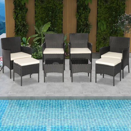 Costway | 8 Pieces Patio Wicker Conversation Set with 2 Coffee Tables and 2 Ottomans