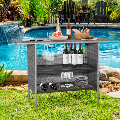 Costway | Outdoor Patio Wicker Bar Table with Metal Shelves