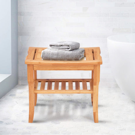 Costway | Bathroom Bamboo Shower Chair Bench with Storage Shelf