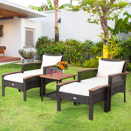Costway | 5 Pieces Patio Rattan Furniture Set with Acacia Wood Table