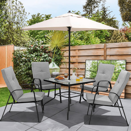 Costway | 6 Pieces Patio Dining Set with Umbrella and Stackable Cushioned Chairs