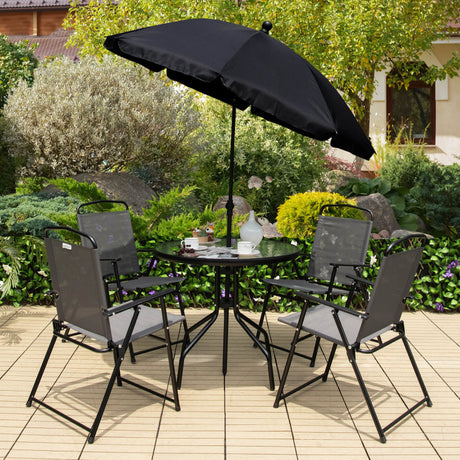 Costway | 6 Pieces Patio Dining Set Folding Chairs Glass Table Tilt Umbrella for Garden