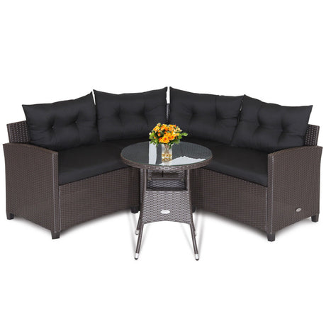 Costway | 4 Pieces Patio Rattan Furniture Set Cushioned Sofa Glass Table