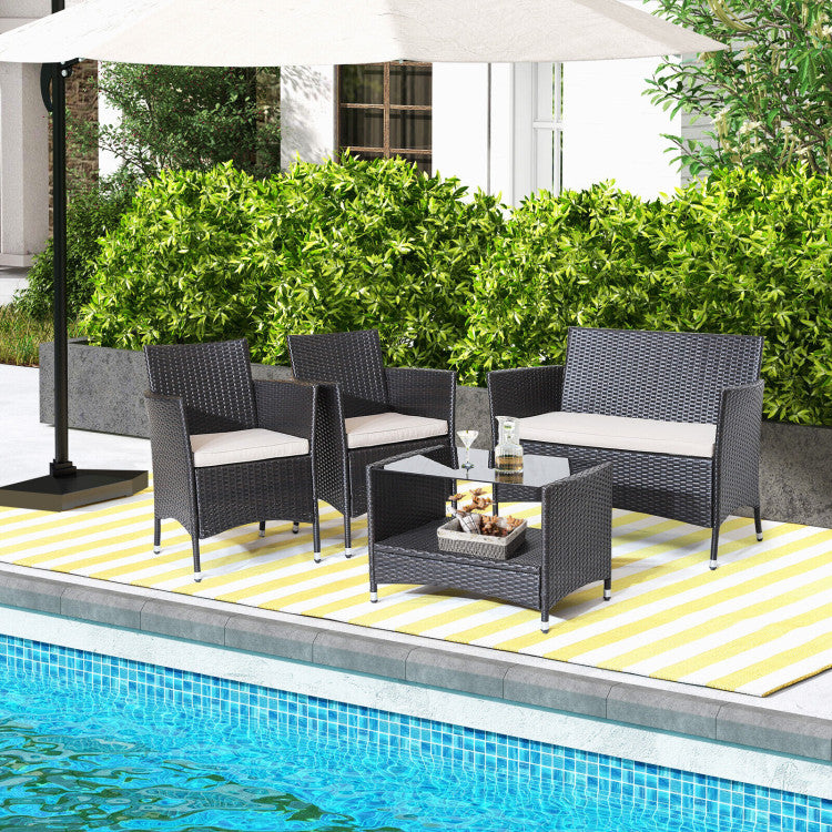 Costway | 4 Pieces Patio Conversation Set with Soft Cushions and Tempered Glass Tabletop