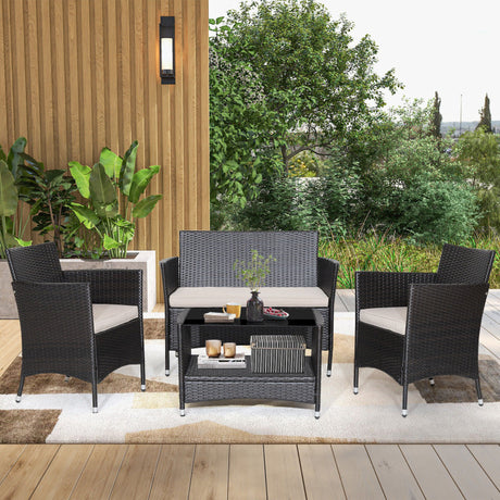 Costway | 4 Pieces Patio Conversation Set with Soft Cushions and Tempered Glass Tabletop