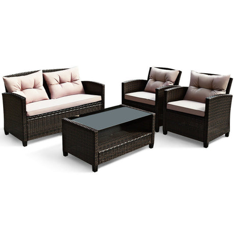 Costway | 4 Pieces Patio Rattan Conversation Furniture Set with Glass Top Coffee Table