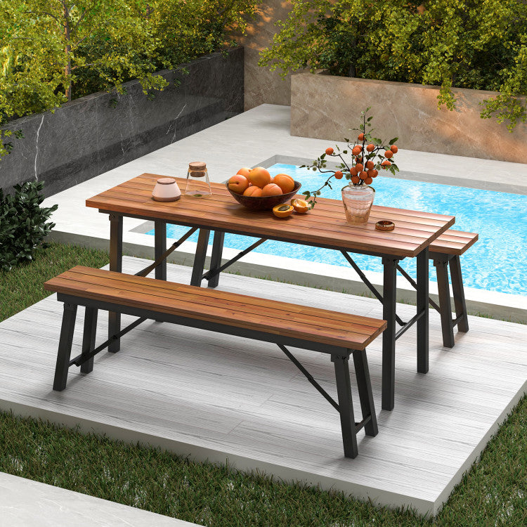 Costway | Outdoor Dining Table and Bench Set with Acacia Wood Top for Yard Garden Poolside