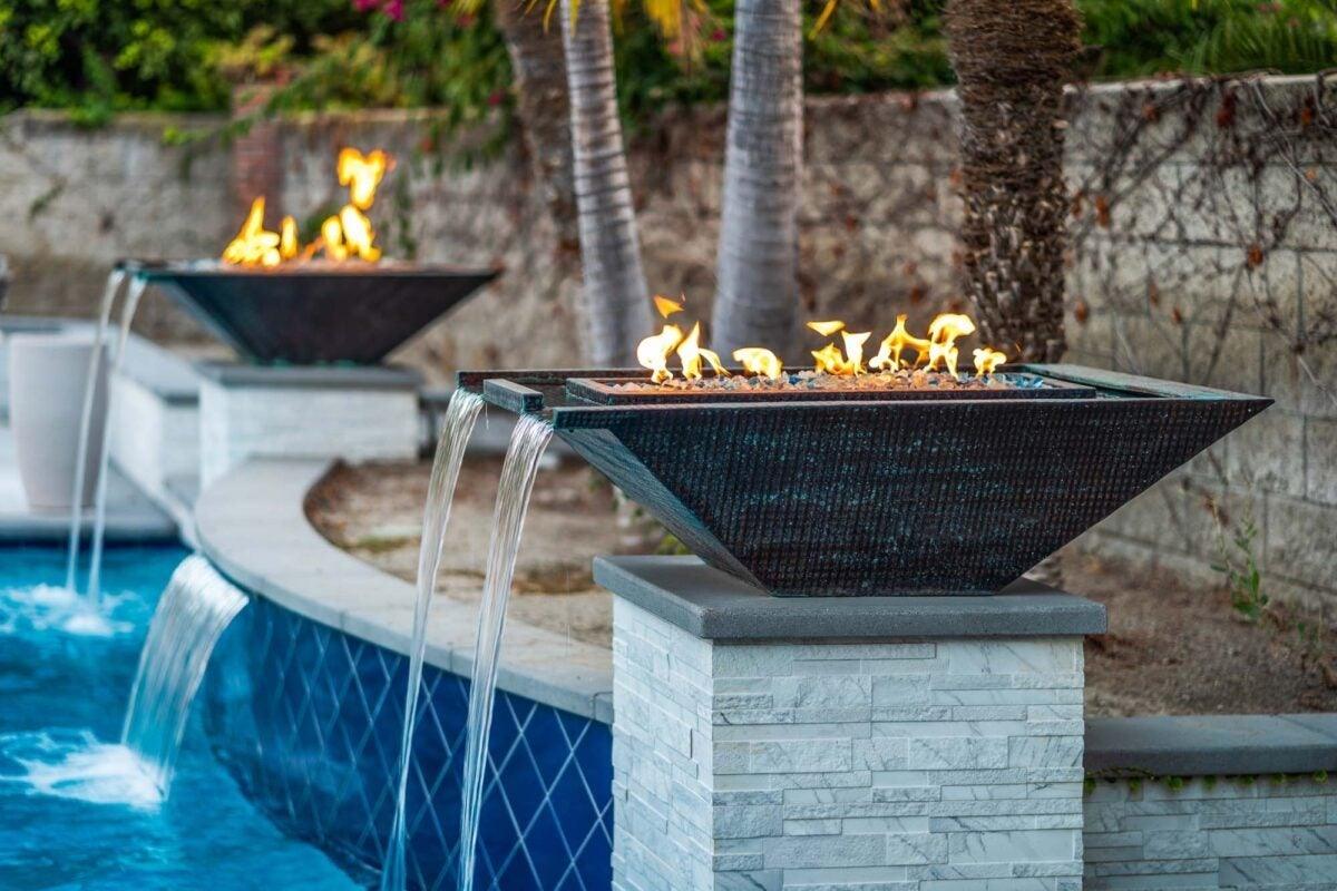 The Outdoor Plus Maya Linear Copper Fire and Water Bowls 72"